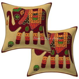 Stylo Culture Cotton Indian Bedroom Cushion Covers Maroon 40 x 40cm Elephant Lounge Scatter Cushions Applique Patchwork 16 x 16 Inches Throw Pillows For Kids (Set Of 2)