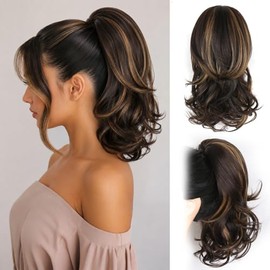 ZQIAN BEAUTY Coletas Con Clip Para Mujer: Extensión De Cola De Caballo Rizada De 35 Cm, Extensiones De Cabello Ondulado, Extensiones De Cabello Sintético, Coleta Con Clip (Color: Castaño Oscuro Con Re