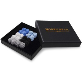 HONEY BEAR 5 Pairs Mens/Women Silk Fabric Knot Twisted Cufflinks Set, for Shirt/Dress Business Wedding,Round Shape with Box (Blue Grey White with box)