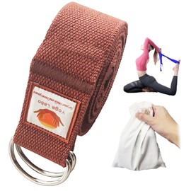 8ft Thick Brown Yoga Strap for Stretching Belts with Dual Metal Loops Storage Bag Set for Foot and Leg, Cotton Resistance Wide Workout Band Exercise Ring for Man Woman, Fitness Adjustable D-Ring