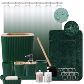 XLHOMO Dark Green Bathroom Accessories Set with Ombre Shower Curtain and Bathroom Rugs,Bathroom Sets with Trash Can,Toothbrush Holder and Cup,Soap Dispenser,Tray,Soap Dish,Toilet Brush,Qtip Holders