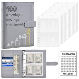 Jahao 100 Envelopes Money Saving Challenge Book with Envelopes, Day 100 Envelope Challenge Money Saving Binder Budget Book with Cash Envelopes, 5,050 Savings Challenge Kit, A5 Money Savings Book Grey