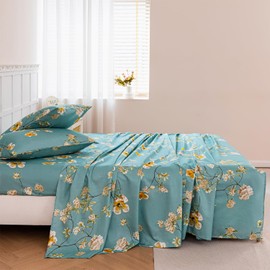 ZRNBAST Sheets Set King Floral Sheets, 100% Microfiber Elegant Farmhouse Bedding, White Flower Printed Turquoise Bed Sheet, Soft Botanical Pattern Deep Pocket Sheet for All Seasons