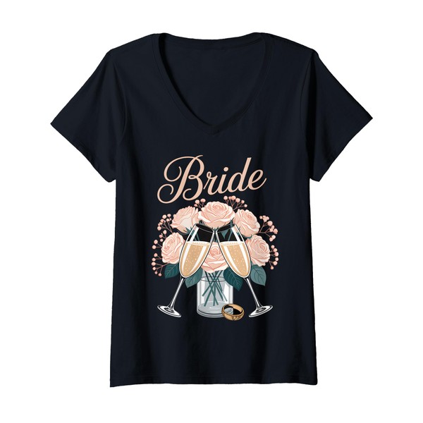 Womens Bride Rose Bouquet Champagne Wedding Ring Design V-Neck T-Shirt