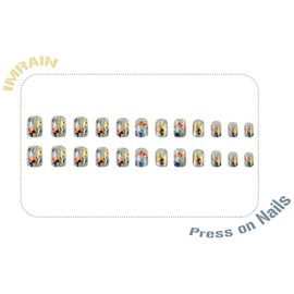 IMRAIN Short Press on Nails Square Green Fake Nails Glossy Glue on Nails Acrylic Squoval Pastel False Nails for Women Stick on Nails Full Cover Nail Supplies 24Pcs