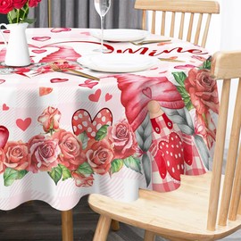 Round Valentines Tablecloth, Valentines Day Tablecloths Round 52 Inch, Valentine Gnomes Table Cloth with Love Hearts and Roses Pink Plaid Holiday Circle Table Cover Decor for Dining Room Indoor