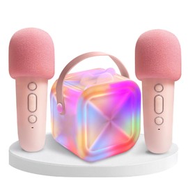 Panbemai Mini Karaoke Machine for Kids with 2 Wireless Microphones & Bluetooth | Portable Speaker with Phone Stand & Colorful Lights for Girls Ages 3-4-5-6-12+ (Pink)