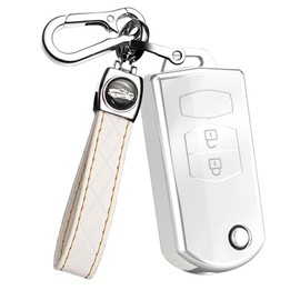 ontto TPU Car Key fob Cover case Fit for Mazda 3 5 6 M6 RX8 MX5 CX5 Flip Folding Key Shell 2 Buttons Remote Key Holder Bag Keychain Keyring Accessories White B