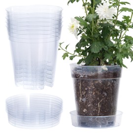 1 Gallon 6 Inch Clear Plastic Plant Pot with Drainage Holes, Interlocking & Detachable Tray - Deep Saucer - Durable BPA-Free Plastic, Transparent Design, Raised Base for Airflow, Set of 6, 92-X-A-6