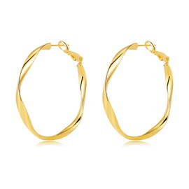 50mm Twisted Hoop Earrings 18K Gold Plated - Trendy Large Thin Hoops, Hypoallergenic Nickel Free 925 Sterling Silver Posts, Lightweight Dainty Everyday Jewelry