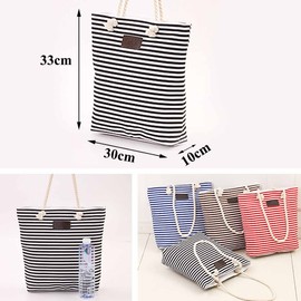 ZhengYue Canvas Travel Tote Bag Oversized Shoulder Bag 13.5 Inch Stripes Holiday Beach Bag Shopping Bag for Womens Large with Zipper and Rope Handle Black