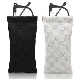 Deokke 2 PCS Glasses Case Eyeglass Sunglasses Pouch Portable Squeeze Soft Leather Linen Woven Cute Women Men Girls (B11-Square Black White)