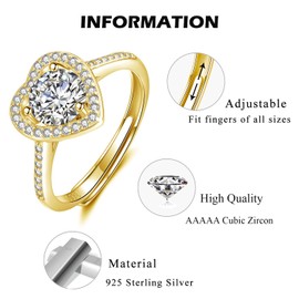 Deyanse Silver Women's Rings, 925 Sterling Silver Engagement Ring for Women Love Bride, Adjustable Open Round Heart Wedding Ring with White Cubic Zirconia, Wedding Rings Women's Ring Jewellery with