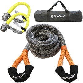 Boxer Pro Series Kinetic Recovery Tow Rope 1” x 20’ 29,300lbs with 2X 9/16” USA Spectra Fiber Shackles 75,800lb, 4 Piece Kit, Off Road Snatch Rope