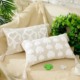 FuWeave Set of 2 St Patricks Day Pillow Covers 20x12 Inch St Patricks Day Decorations Cream White Shamrock Soft Plush Faux Throw Pillows for Sofa Holiday Festivals Home Decor