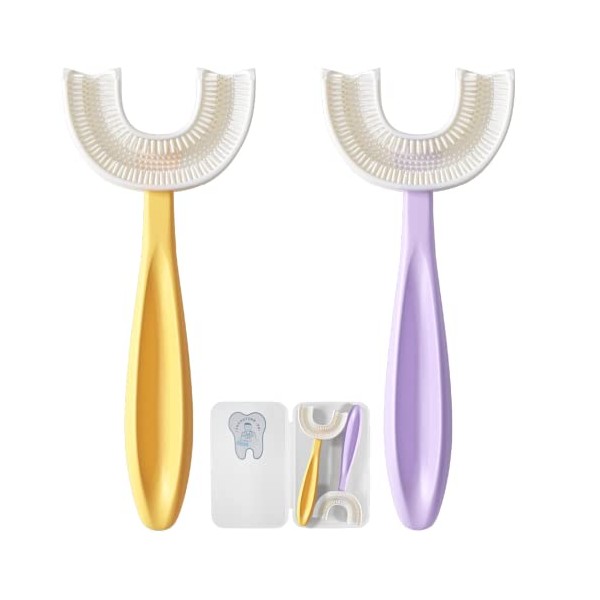 U Shaped Toothbrush Kids 6-12 Years Old- Two Premium Soft Toothbrushes Come with Travel Case & - Sensory Toothbrush - Rounded Toothbrush Kids Size Head Makes Brushing Fun & Easy - 1 Purple, 1 Yellow