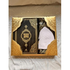 English Translate Thermo Leather Covered Quran, Tafta Prayer Mat, Pearl Breads, Man Takke and Luxury Gift Box 5 Pieces Set, Great Ramadan Gifts for Muslim Men and Women Gift (1 Sets, Black)