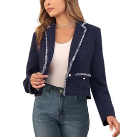 M.Infisavo Women's Tweed Blazer Cropped 2025 Fashion Elegant Notch Lapel Open Front Cardigan Business Casual Office Jacket Pockets Blue M