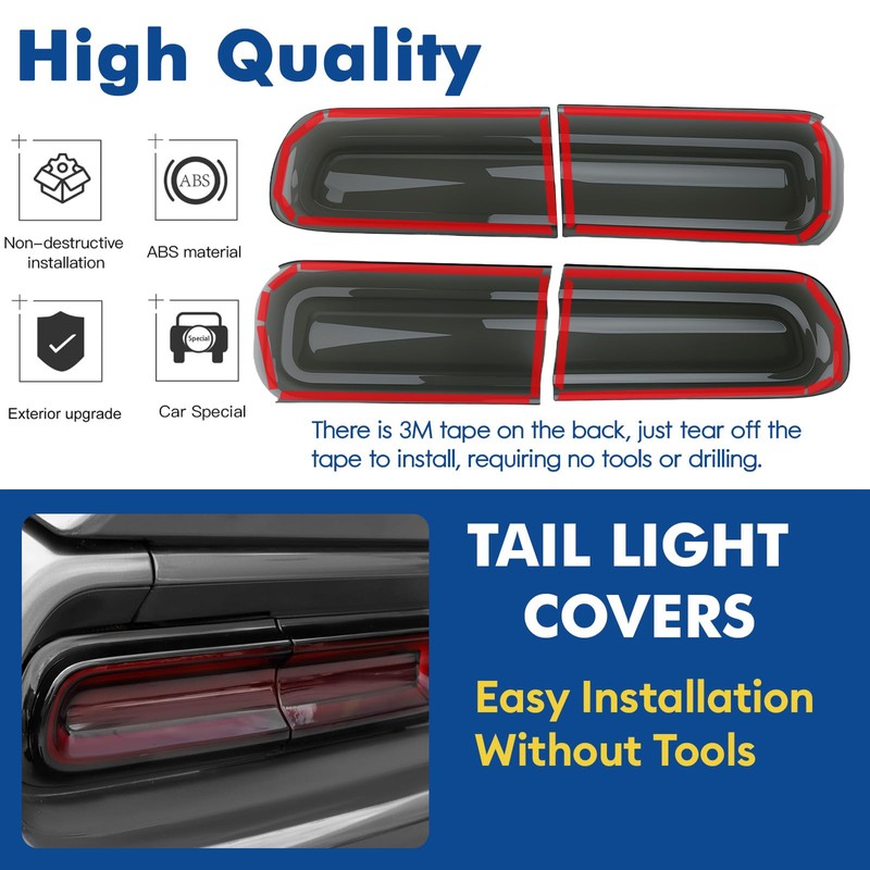 Smoked Tail Light Covers for Dodge Challenger 2015-2024, Smoke Black