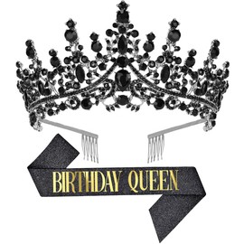 Papoopy Birthday Tiara Crown with Sash for Women and Girls, Headband Hair Accessories for Wedding Party Costume Black