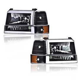 CHEDA Headlights Assembly LED DRL Compatible with F250 F350 Super Duty Headlights Assembly 92-97/ Ford Bronco F150 92-96 Clear lens Black Housing Amber Reflector Faros Conjunto De Faros
