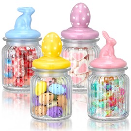 Nitial 4 Pcs Easter Glass Jar with Cap Bunny Ear Egg Clear Candy Jar Decorative Food Storage Canister with Airtight Ceramic Lid for Eater Party Tea Cookie Table Decoration(7.8 oz,Bunny, Easter Egg)