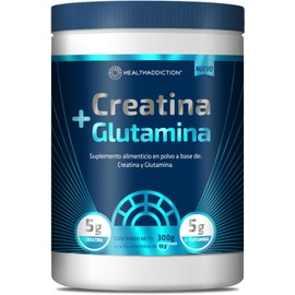 HEALTHADDICTION Creatina + Glutamina en Polvo 300 g │ Suplemento alimenticio con 5 g Creatina Monohidratada + 5 g L-Glutamina por porción │ 30 porciones │ Cuchara medidora 10 g │ Libre de azúcares añadidos │ Hecho en México