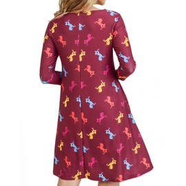 Women's Burgundy Unicorn Printed Dresses with Pockets 3/4 Sleeves Crew Neck A Line Dress Casual Size Small