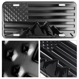 American Flag with Mountains License Plate. Embossed 3D Aluminum (Black on Matt Black)
