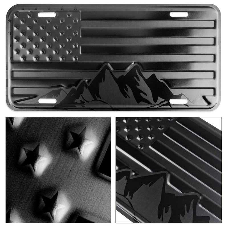 American Flag with Mountains License Plate. Embossed 3D Aluminum (Black
