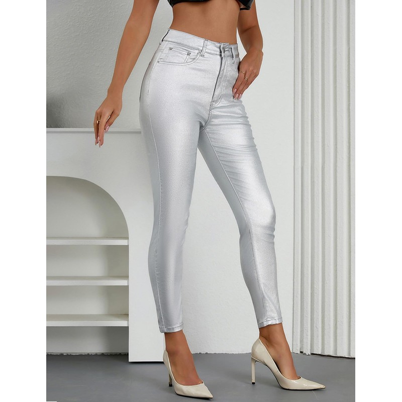 LBDLONGBIDA High Waist PU Leather Pants Stretch Skinny Disco Metallic