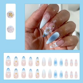 Press on Nails French Short Almond LINMEIZAI Fake Nails Press ons Nail Tips Glue on Nails Full Cover Acrylic Nail Kit False Nails Stickers 3D Nail Art with White Flower Design for Women Manicure 24Pcs