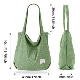 KALIDI Corduroy Bag, Women's Shoulder Bag with Zip, Large Shopper Bag, Tote Bag, Handbag, Shoulder Bags for Work, Office, Travel, Shopping, School and Everyday Use, Grass-green