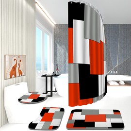 ENYORSEL Red Bathroom Sets with Shower Curtain and Rugs, 4 Piece Geometric Bathroom Shower Curtain Set with Rugs, Incl Shower Curtain with 12 Hooks, Bath Mat, U-Shaped Floor Mat, Toilet Lid Oval Rug