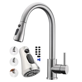 Kitchen Faucet for Sinks, VFauosit Pull Down Brushed Nickel Stainless Steel Single Hole or 3 Holes Kitchen Faucets with Pull Down Sprayer for RV Farmhouse Campe with Replace Sprayer Head Settings