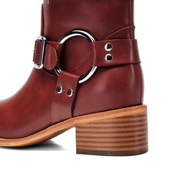 AIWGLESOLE Riding Boots for Women Knee High with Buckle Stars Moon Heart Patterns Low Heel(red-gold,7)