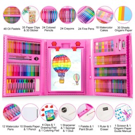 Art Supplies, 272 Pack Art Set Drawing Kit for Girls Boys Teens Artist, Deluxe Gift Art Box with Trifold Easel, Origami Paper, Coloring Book, Drawing Pad, Pastels, Crayons, Pencils, Watercolors(Pink)