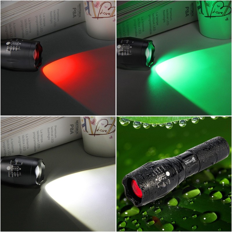 ULTRAFIRE A100 3-Color-Light Tactical 18650 Flashlight, xml-t6 800 Lumen Small