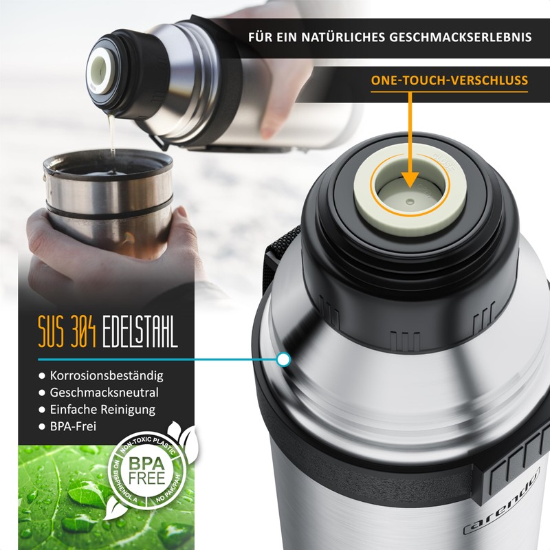 Arendo - Thermos Flask 1 Litre Stainless Steel - with