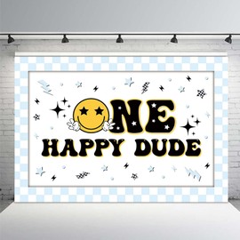 MEHOFOND 7x5ft One Happy Dude Birthday Backdrop for Boys 1st Birthday Decor Photography Background Blue Smiley Face Theme Party Decorations Banner Hippie Groovy Photo Banner Booth