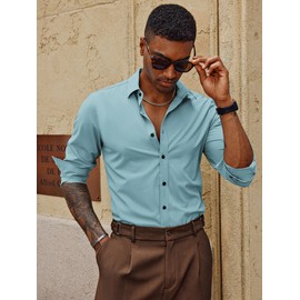 PJ PAUL JONES Mens Long Sleeve Button Down Shirts Wrinkle Free,Casual Long Sleeve Dress Shirts for Men Untucked Light Blue