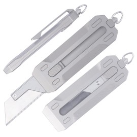 Tenchilon T4 Compact Retractable Box Cutter Utility Pocket EDC Knife with Titanium Handle, 10pcs Extra Replaceable SK5 Blades, Keychain Carry with Glass Breaker