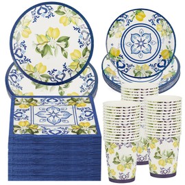 250 PCS Capri Lemon Party Tableware Supplies, Disposable Blue Paper Plates Cups Napkins, Blue Tile and Mediterranean Lemon Dinnerware Set for Anniversary, Birthday Decorations, Serves 50 Guests