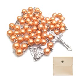 Calkkrer Catholic Rosary, Communion Rosary with Retro Cross, Velvet Gift Bag, Elegant Cross, Christening Communion Wedding Communion Party (GoldB)