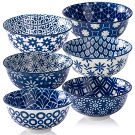 AntoKueh 6 inches Blue and White Ceramic Bowls, 25Oz Deep Cereal Porcelain Bowls set of 6, Large Soup Bowls for Salad, Fruit, Vintage