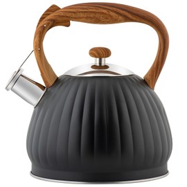 Tea Kettle, 3.6 Quart Water Kettle, Whistling Tea Pots for Stove Top Food Grade Stainless Steel with Wood Pattern Folding Handle,Loud Whistle for Tea, Coffee, Milk (Black)