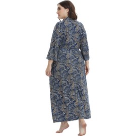 iFigure Women's Plus Size Long Robe Floral Full Length Bathrobes Kimono Dressing Gown Sleepwear Maternity Delivery Robes with Pocket, Navy/Paisley, 4X