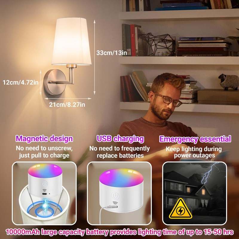 Battery Operated Wall Sconces Set Of Two, 10000mAh Rechargeable Wireless