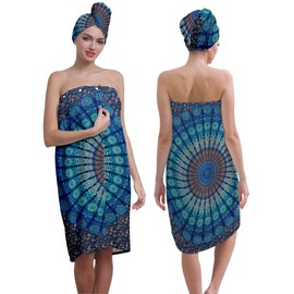 EENSYWEENSY Women's Spa Bath Towel Wrap Set with Hair Turban, Blue Peacock Mandala Pattern, 31.5x59 Inches