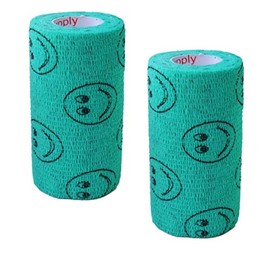 Vet Wrap Rap Tape (Teal with Smiles) (2 Pack) (2 Inch x 15 feet) Self Adhesive Adherent Adhering Cohesive Flex Self Stick Bandage Grip Roll Dog Cat Pet Horse